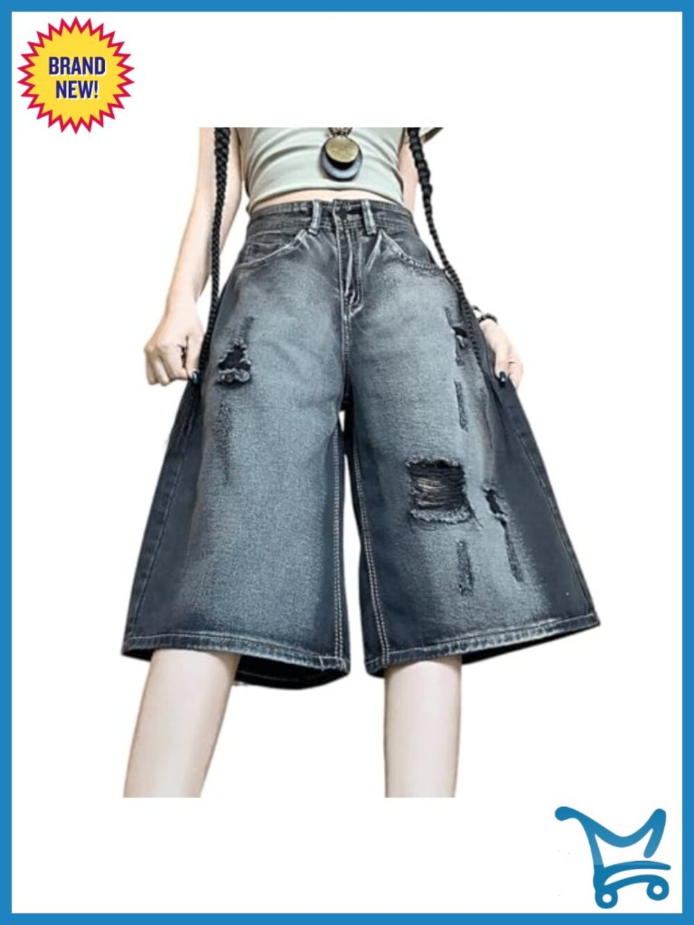 Y2K Gothic Straight Wide Leg Ripped Distressed Capri Jeans Grunge Vintage High